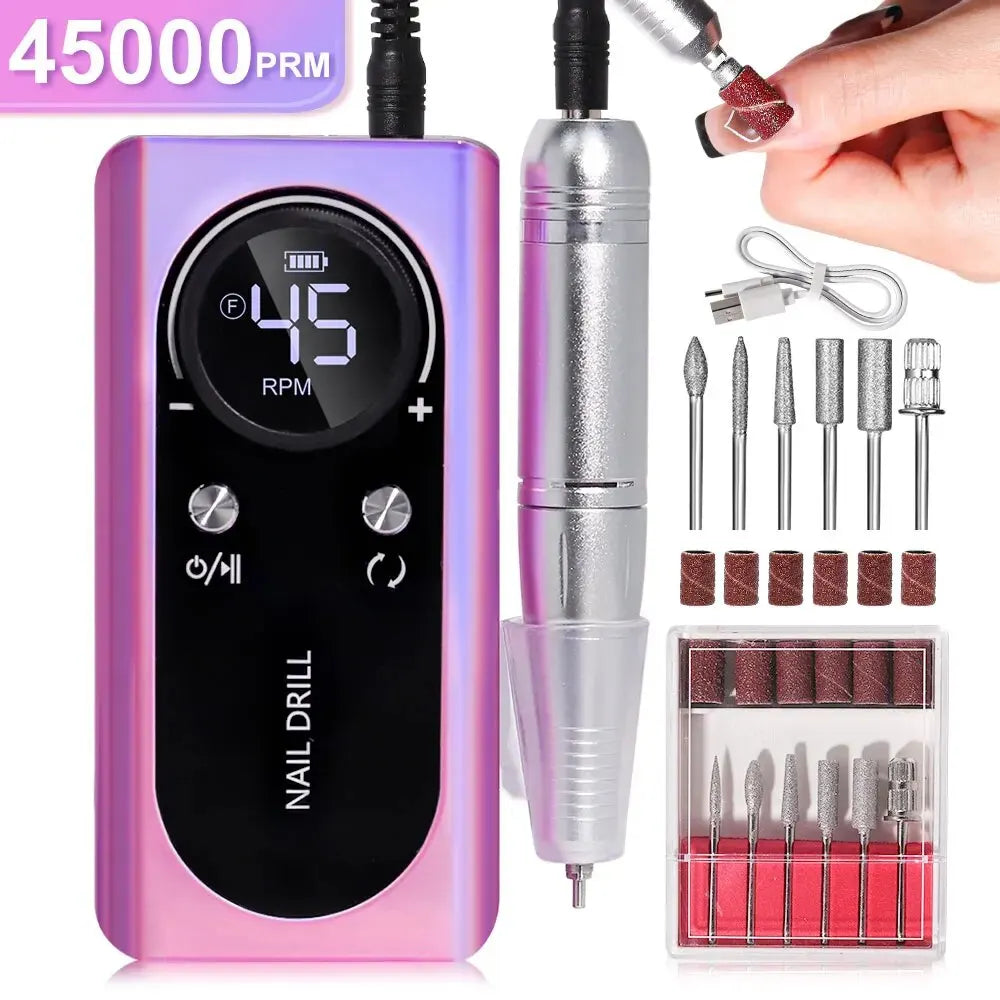 Professional 45,000RPM Electric Portable Nail Drill Machine – Rechargeable, Low Noise, Brushless Motor for Manicure & Pedicure