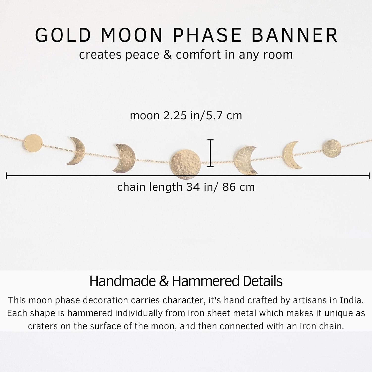 Moon Phases Wall Hanging Wall Art Handmadel  Wall Decorative Ornaments Hang Vertical Decorations (Gold Banner, 34In/86Cm, 7 Moons)
