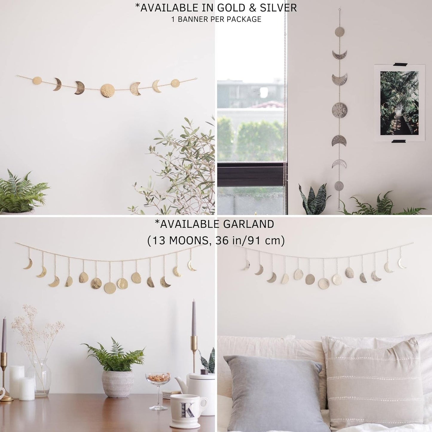 Moon Phases Wall Hanging Wall Art Handmadel  Wall Decorative Ornaments Hang Vertical Decorations (Gold Banner, 34In/86Cm, 7 Moons)