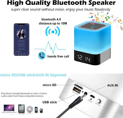 Portable Alarm Clock Bluetooth Speaker Touch Screen LED Light
